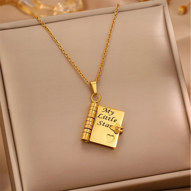 Openable Daughter Book Necklace Stainless Steel Gold Color Message Mini Book Pendant Necklace with Pages of Engraved Information