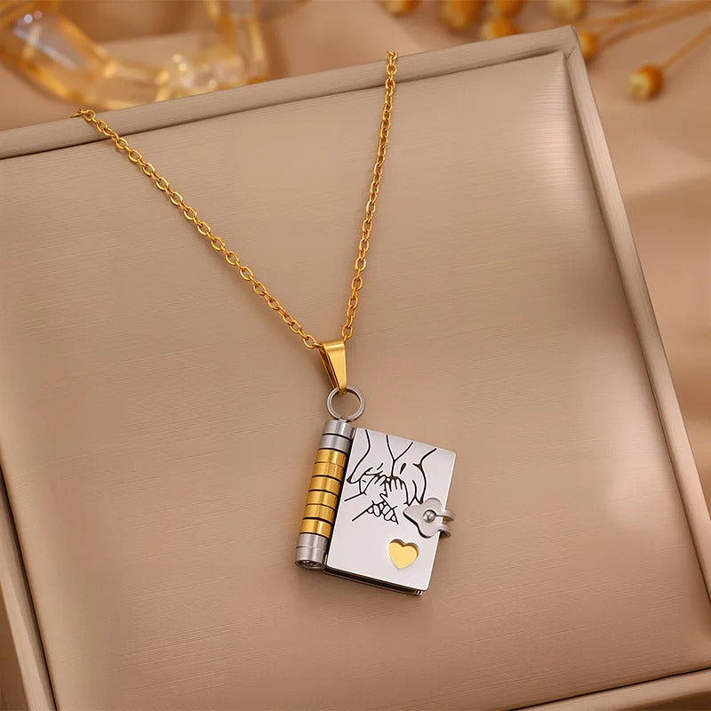 Openable Daughter Book Necklace Stainless Steel Gold Color Message Mini Book Pendant Necklace with Pages of Engraved Information