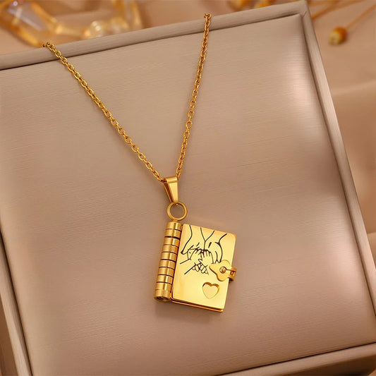 Openable Daughter Book Necklace Stainless Steel Gold Color Message Mini Book Pendant Necklace with Pages of Engraved Information