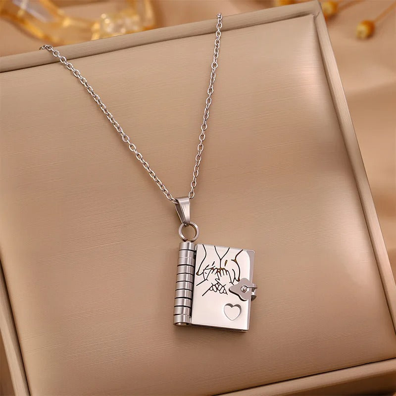 Openable Daughter Book Necklace Stainless Steel Gold Color Message Mini Book Pendant Necklace with Pages of Engraved Information