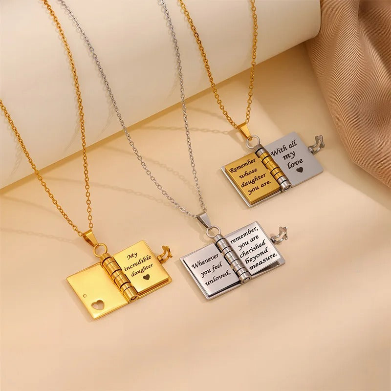 Openable Daughter Book Necklace Stainless Steel Gold Color Message Mini Book Pendant Necklace with Pages of Engraved Information