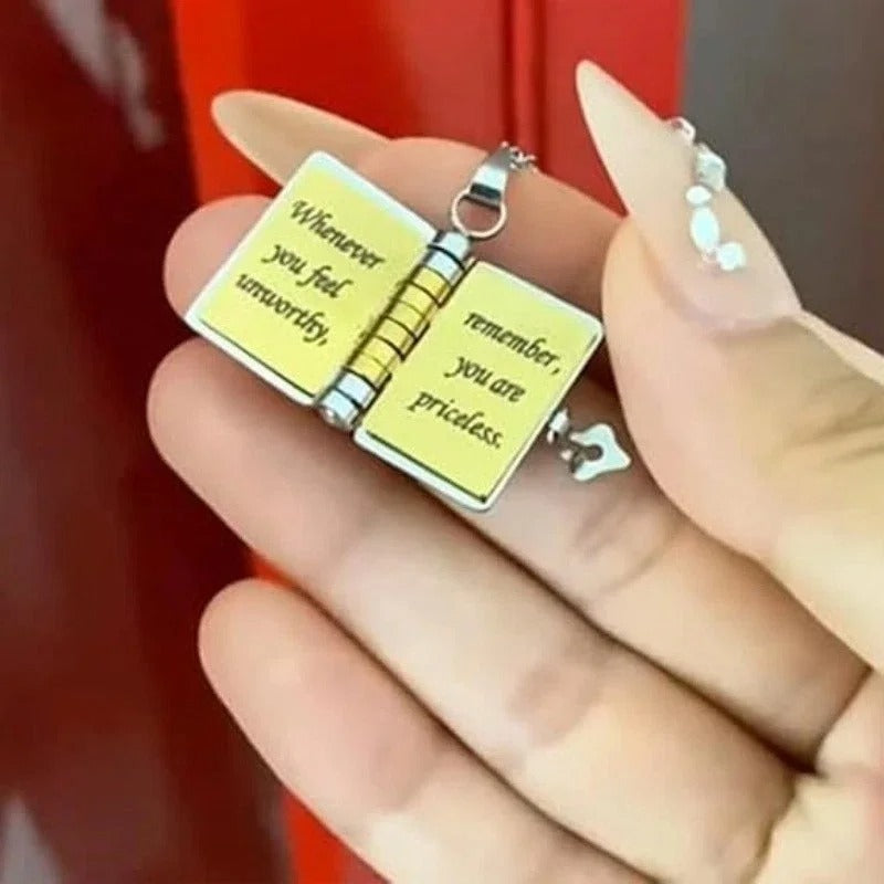Openable Daughter Book Necklace Stainless Steel Gold Color Message Mini Book Pendant Necklace with Pages of Engraved Information