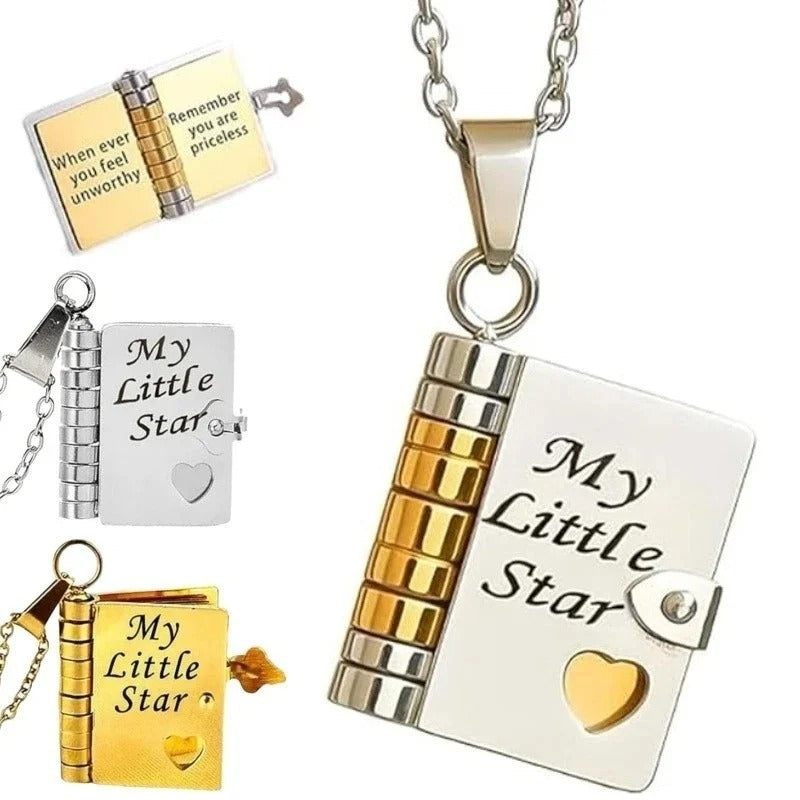 Openable Daughter Book Necklace Stainless Steel Gold Color Message Mini Book Pendant Necklace with Pages of Engraved Information