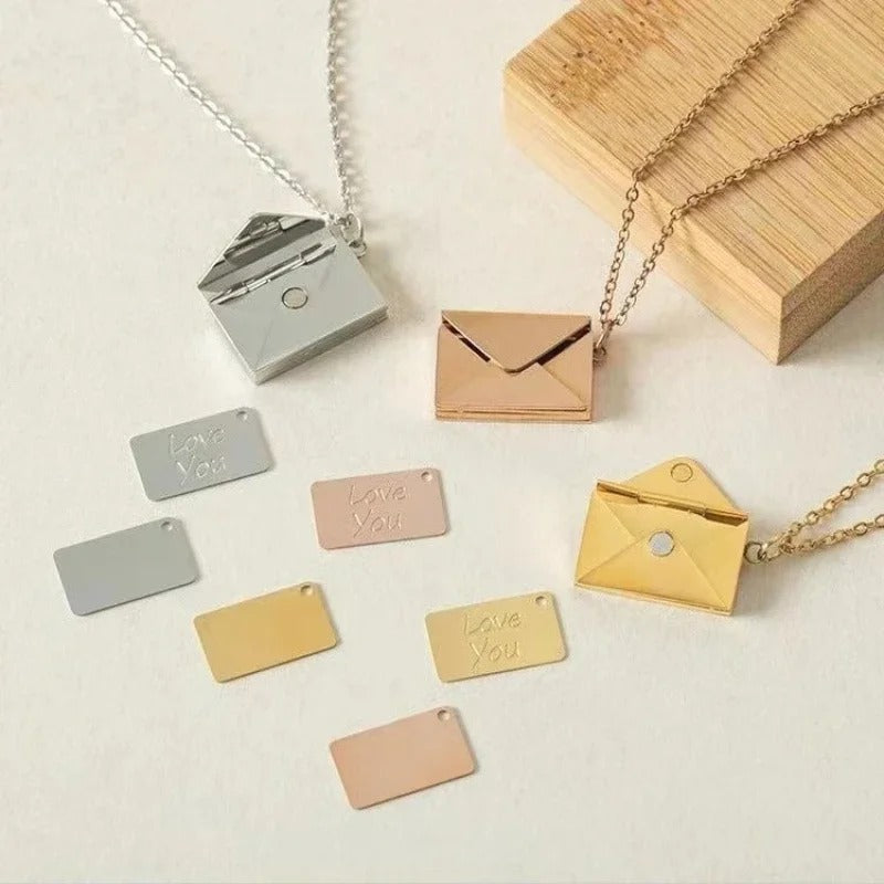 Love Letter Envelope Pendant Locket Necklace Stainless Steel Jewelry Engraved Notes for Girl Mother's Day