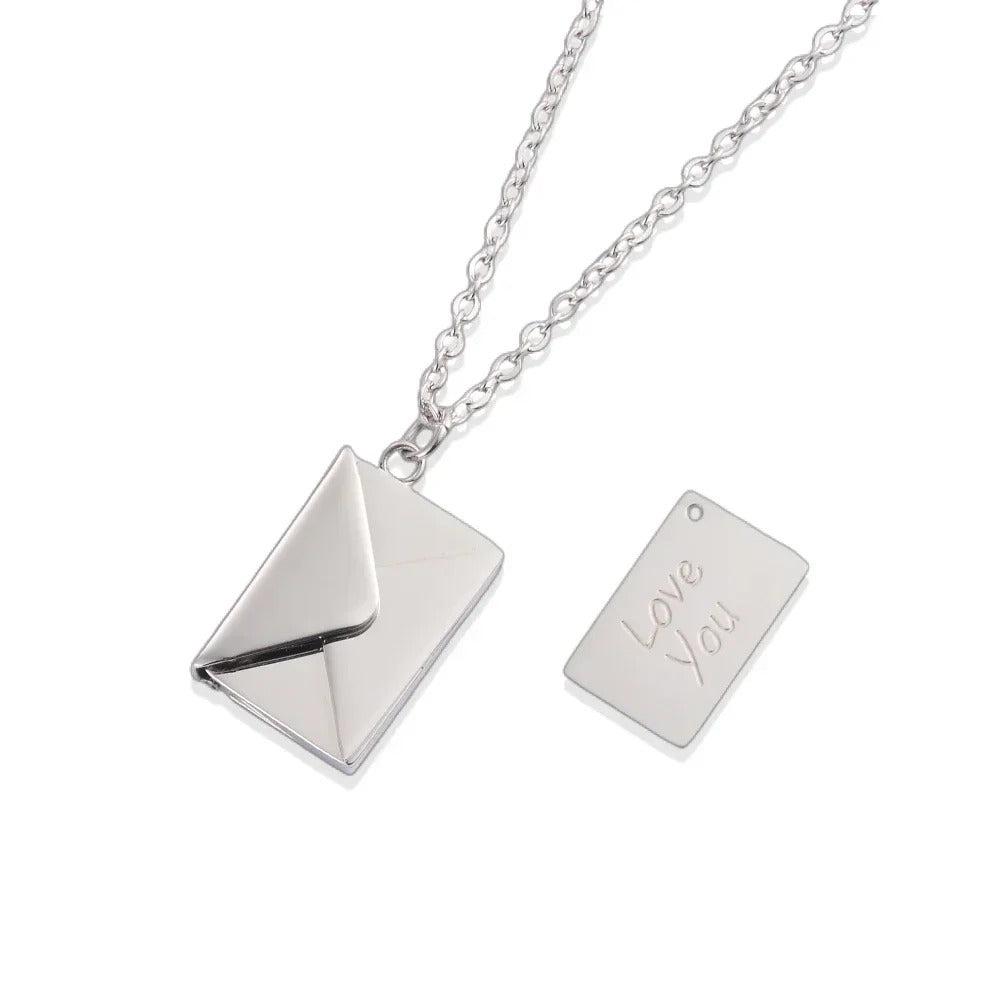 Love Letter Envelope Pendant Locket Necklace Stainless Steel Jewelry Engraved Notes for Girl Mother's Day