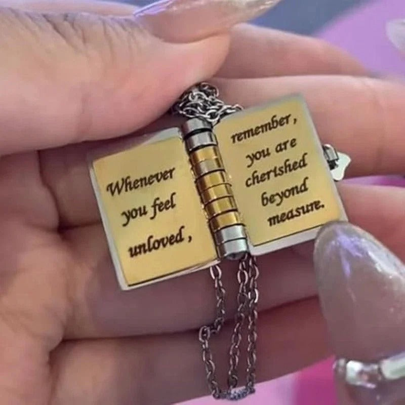 Openable Daughter Book Necklace Stainless Steel Gold Color Message Mini Book Pendant Necklace with Pages of Engraved Information