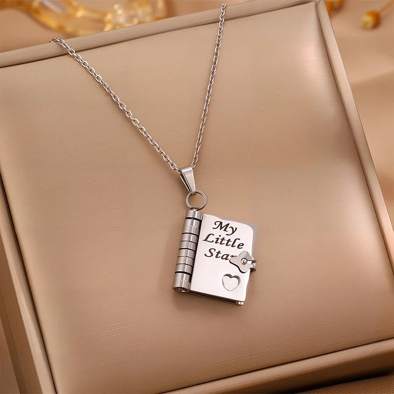 Openable Daughter Book Necklace Stainless Steel Gold Color Message Mini Book Pendant Necklace with Pages of Engraved Information