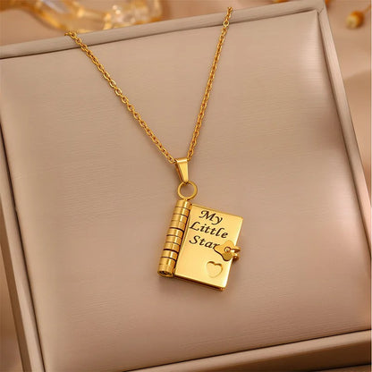 Openable Daughter Book Necklace Stainless Steel Gold Color Message Mini Book Pendant Necklace with Pages of Engraved Information