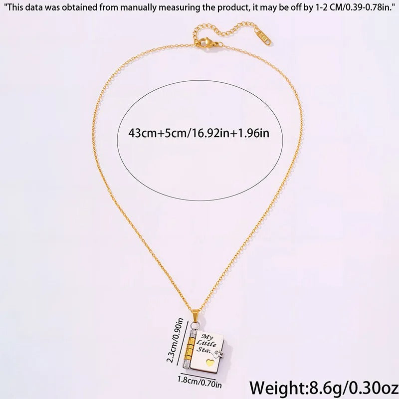 Openable Daughter Book Necklace Stainless Steel Gold Color Message Mini Book Pendant Necklace with Pages of Engraved Information