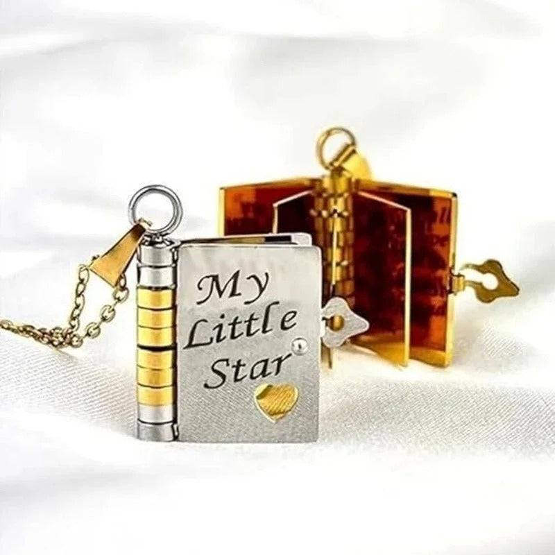 Openable Daughter Book Necklace Stainless Steel Gold Color Message Mini Book Pendant Necklace with Pages of Engraved Information