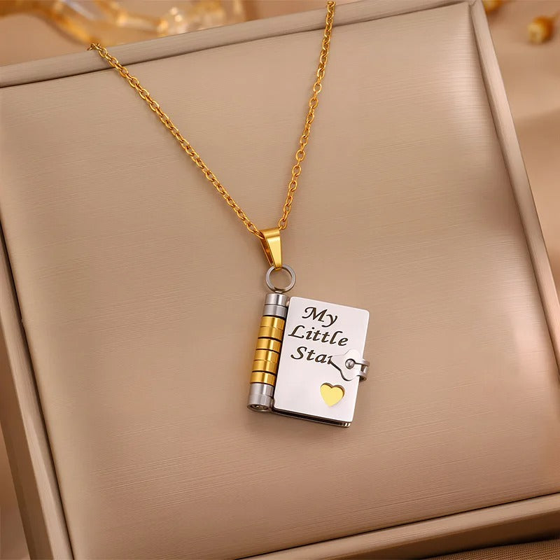 Openable Daughter Book Necklace Stainless Steel Gold Color Message Mini Book Pendant Necklace with Pages of Engraved Information
